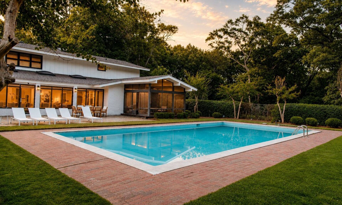 Gunter Afs House | Spacious 7BR home featuring a private pool, separate pool house, game room, Peloton-equipped workout sunroom, dedicated office, multiple living areas, and a fully equipped kitchen—perfect for families, groups, and extended stays.