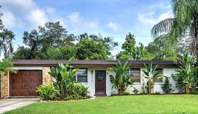 Cozy tropical home with lush palms, warm lights & relaxing vibe.