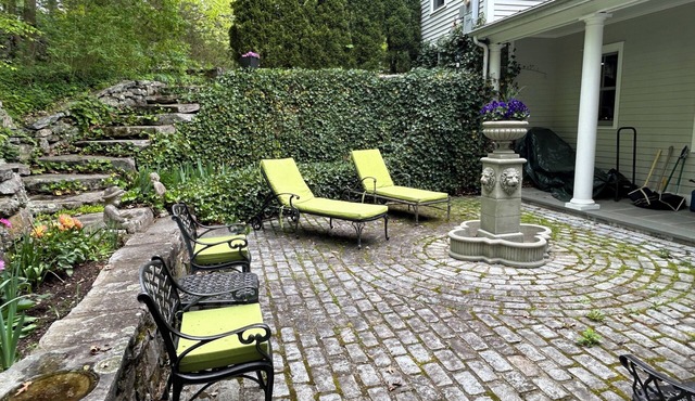 Fountain Courtyard and Fireplace Kitchen
