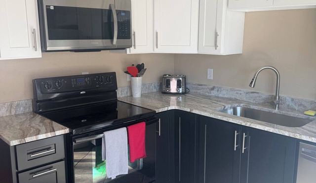 Large fenced in yard with updated kitchen