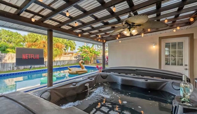 Private Pool + Hot Tub + Outdoor Movie Nights — Relax in your own backyard oasis with a heated pool, spa, fire pit, and fire up the projector under the stars. Located in famous Cocoa Beach near Kennedy Space Center, Disney & Port Canaveral!