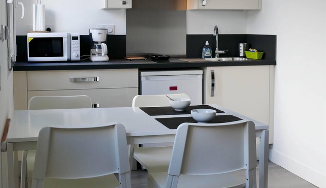 Studio kitchen, bathroom, sleeping area, TV, WiFi in Falaise